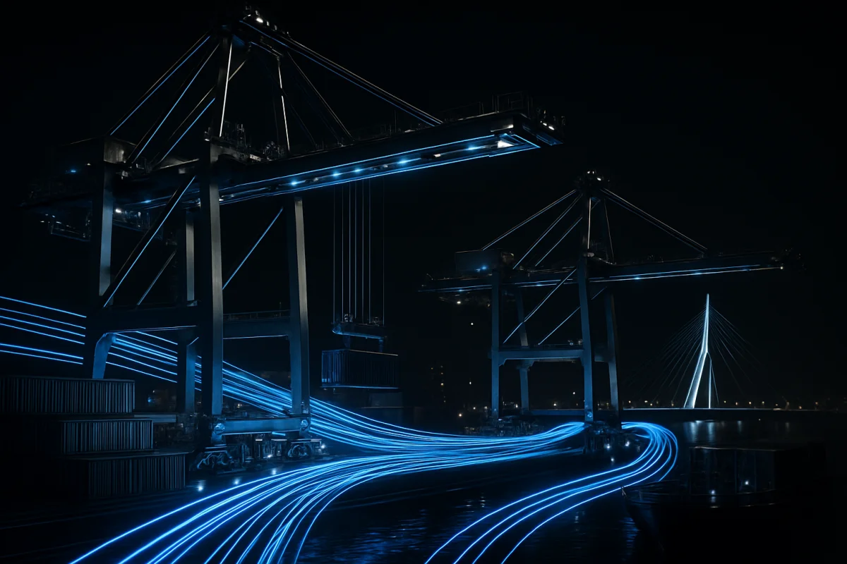 Rotterdam Hafen-Infrastruktur bei Nacht